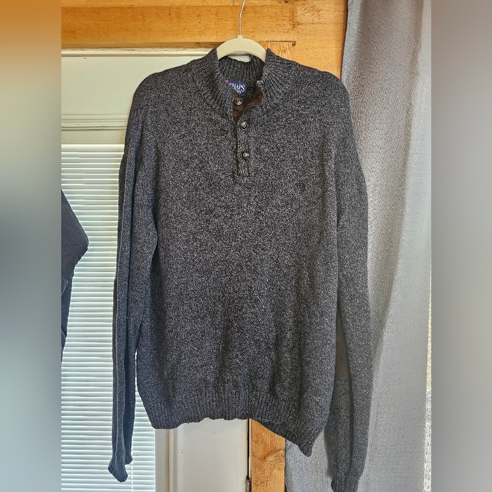Chaps Button Mock Neck Suede Elbow Cotton Sweater Mens XXL Long Sleeve Shirt